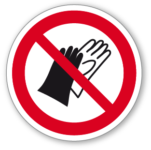 Zákaz používání ochranných rukavic - samolepící piktogram - Ø 70 mm