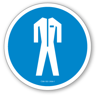 Používej ochranný oděv - samolepící piktogram - Ø 70 mm